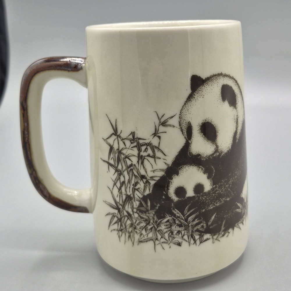 Panda Bear Coffee Mug Vintage Japan Cup Mom Baby Bamboo Brown Cream - Picture 2 of 6